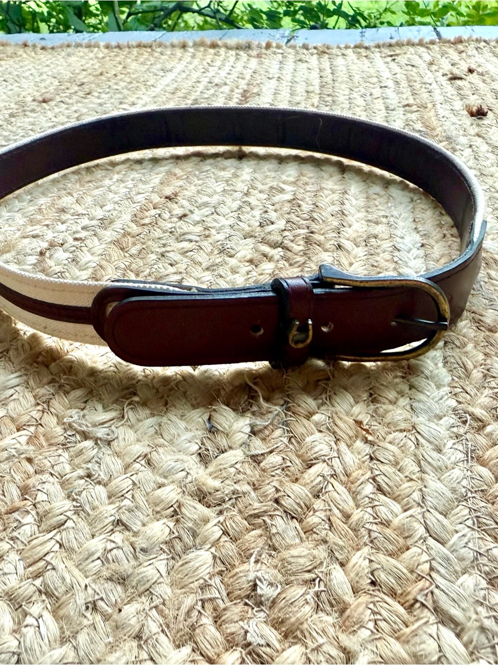Vintage Canvas & Brown Leather Belt Size 30 Brass Buckle Preppy‎ Coastal Classic